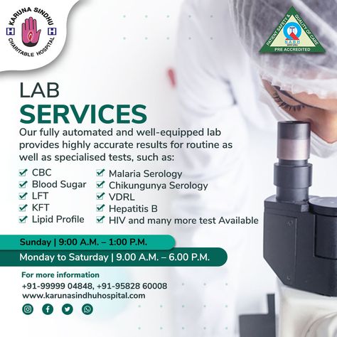 Get highly accurate results for routine and specialised tests at Karuna Sindhu Charitable Hospital’s fully computerised and well-equipped lab. Book your appointment now! 9999904848 Visit Official Website: https://karunasindhuhospital.com/lab-services . . #karunasindhuhospital #charitablehospital #labservice #pathology #medicine #medica #radiology #biology #laboratory #pathologist Radiology Creative Ads, Pathology Lab Creative Ads, Biology Laboratory, Healthcare Ads, Fever Symptoms, Med Lab, Pathology Lab, Banner Design Layout, Online Test