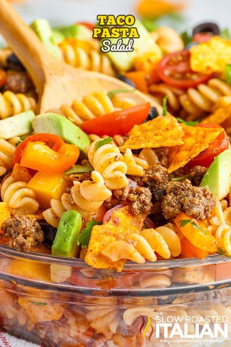 Southern Macaroni Salad, Taco Pasta Salad, Slow Roasted Italian, Pasta Salad With Tortellini, The Slow Roasted Italian, Taco Salad Recipes, Tortellini Pasta, Rotini Pasta, Yummy Salads