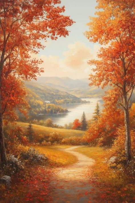 Vintage Fall Landscape Breathtaking Autumn Landscape Print Fall Foliage and Lake Scenery Oil Painting Autumn Decor Forest L4 - Etsy Türkiye Unique Scenery Painting, Lake Scenery Painting, Landscape Paintings Autumn, Acrylic Fall Landscape Paintings, Autumn Scenery Landscape, Fall Scenery Painting, Fall Scenery Autumn Scenes, Autumn Painting Ideas, Fall Forest Painting