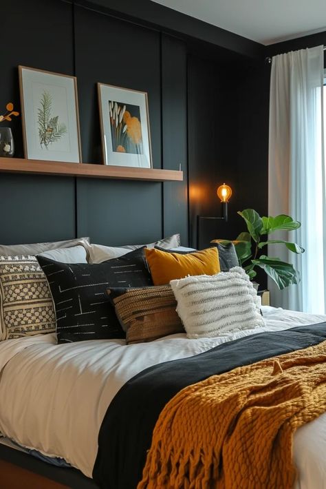 25 Bold Black Accent Wall Bedroom Ideas to Upgrade Your Space - Roomy Retreat Bedroom Black Accent Wall Ideas, Bedroom Ideas Dark Accent Wall, Black Feature Wall Bedroom Room Ideas, Black Bedroom With Accent Wall, Charcoal Wall Bedroom, Black Half Wall Bedroom, Bedroom Dark Feature Wall, Black Wall Accent Bedroom, Black And Gold Accent Wall Bedroom