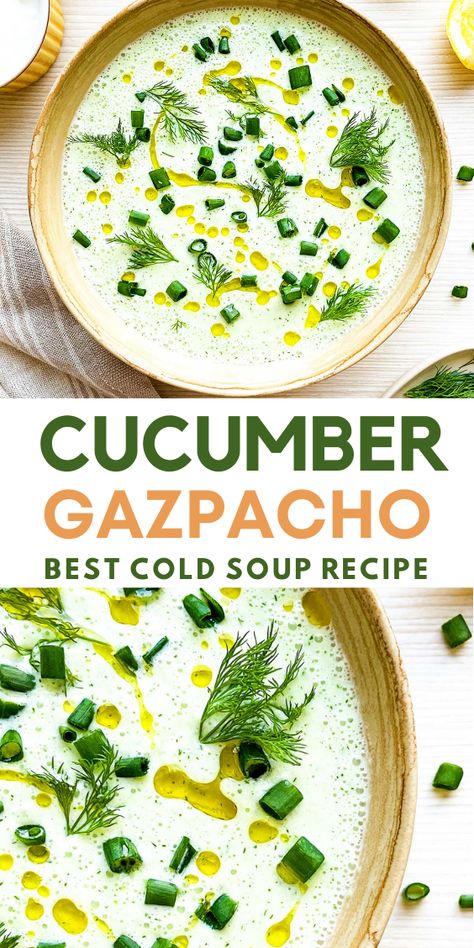 Chilled Soup Recipes, Cucumber Gazpacho, Cooked Cucumber, Cold Soup Recipes, Gazpacho Soup, Gazpacho Recipe, Light Soups, Chilled Soup, Fresh Dishes