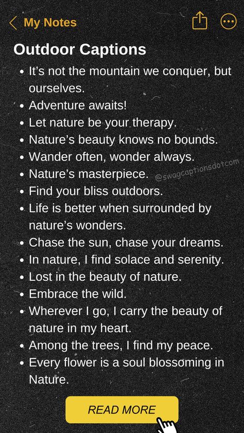 Explore our collection of the best Outdoor Captions for Instagram to make your outdoor adventures even more memorable! Whether you’re hiking through breathtaking landscapes, enjoying a sunny day at the beach, or having a picnic in the park, these captions will perfectly complement your outdoor photos. From nature-inspired quotes to fun and playful lines, find the perfect words to share your love for the great outdoors. Nature Walk Quote, Park Quotes Nature, Instagram Captions Friendship, Outdoor Captions, Photography Captions, Walking Quotes, Park Quotes, Choose Quotes, Inspired Quotes