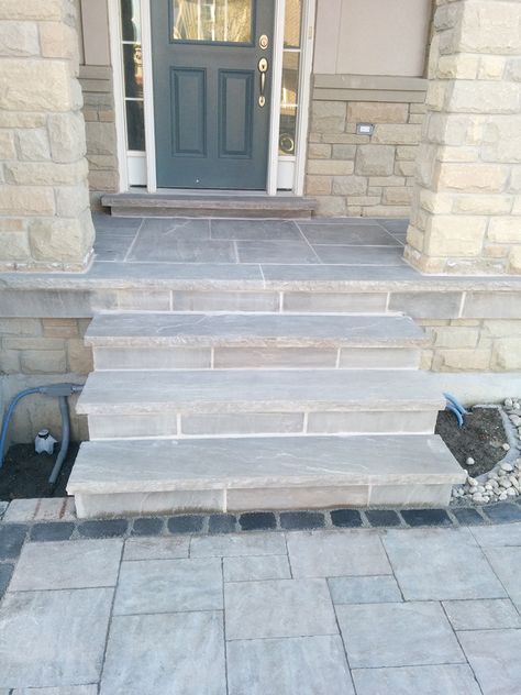 Front Steps Stone, Front Porch Stone Steps, Walkway Design Ideas, Front Porch Stairs, Walkway Designs, Front Porch Stone, Paver Steps, Step Ideas, Stone Porches