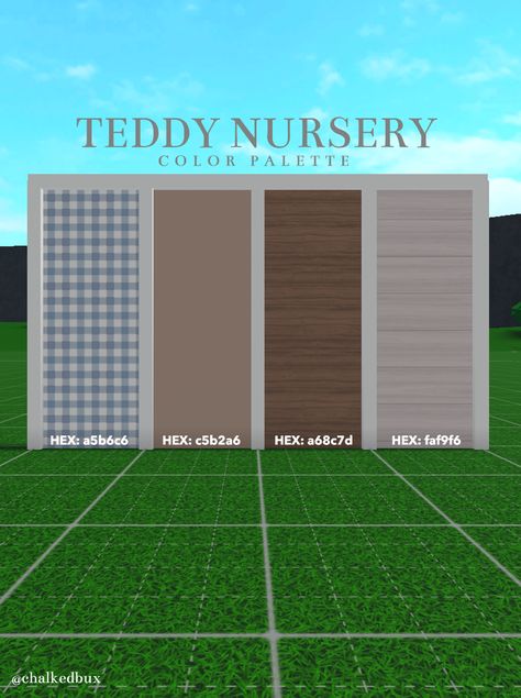 🧸 Teddy Nursery color palette #bloxburg #roblox #color palette Bloxburg Color Schemes Outside, Bloxburg Wall Palette, Bloxburg Wall And Floor Colors, Two Floor Bloxburg Layout, Bloxburg Blue Color Codes, Bloxburg Room Colors, House Color Palettes Bloxburg, Blush Color Palette Bloxburg, Boo Burg Color Schemes