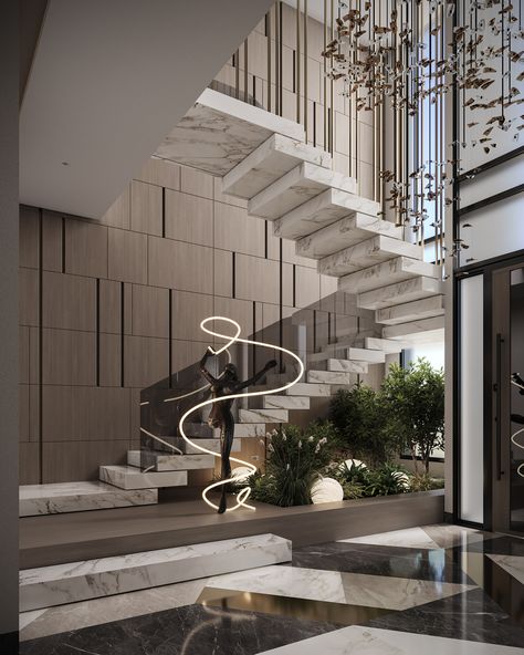 VILLA ENTRANCE :: Behance Luxury Entrance Design, Interior Stairs Design, Double Staircase Foyer, House Stairs Design, Villa Stairs, Staircase Wall Design, Office Interior Design Luxury, Luxury Houses Entrance, Villa Entrance