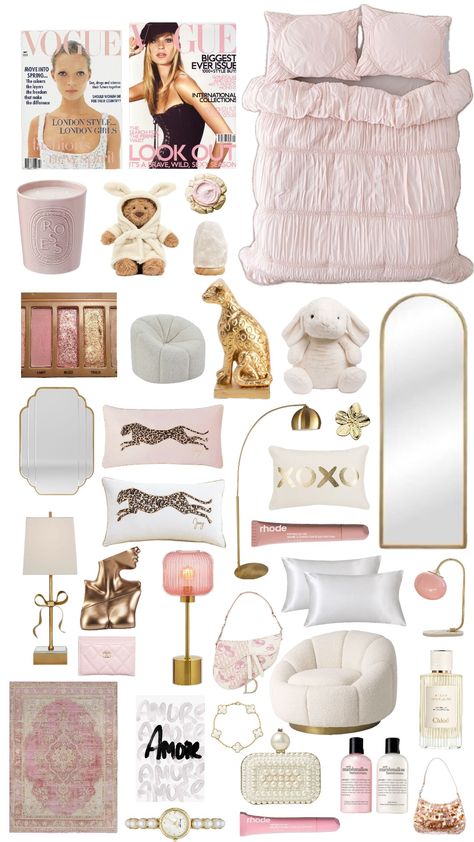 Room Ideas Gold And Pink, Light Pink And Gold Room Ideas, Cute Room For Teens, It Girl Room Ideas, Apartment Aesthetic Girly, Cool Girl Room Decor, It Girl Room Decor, Girly Bedroom Decor Ideas, Girly Apartment Ideas Bedroom