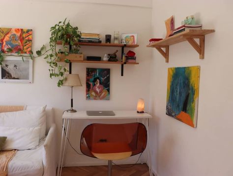 Desk With Shelves Above, Shelves Above Desk, Brown Shelves, Desk With Shelves, White Desk, Apartment Tour, White Desks, Desk Shelves, People Together