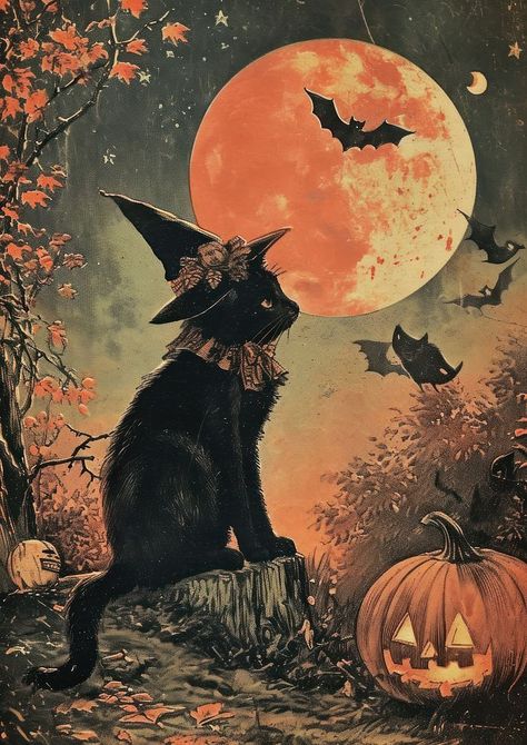 Black Cats Spooky, Halloween Vintage Postcards, Halloween Animal Illustration, Vintage Halloween Cat Illustration, Vintage Halloween Postcards, Black Cat Moodboard, Vintage Cat Wallpaper, Vintage Halloween Wallpaper Iphone, Black Cat Halloween Wallpaper