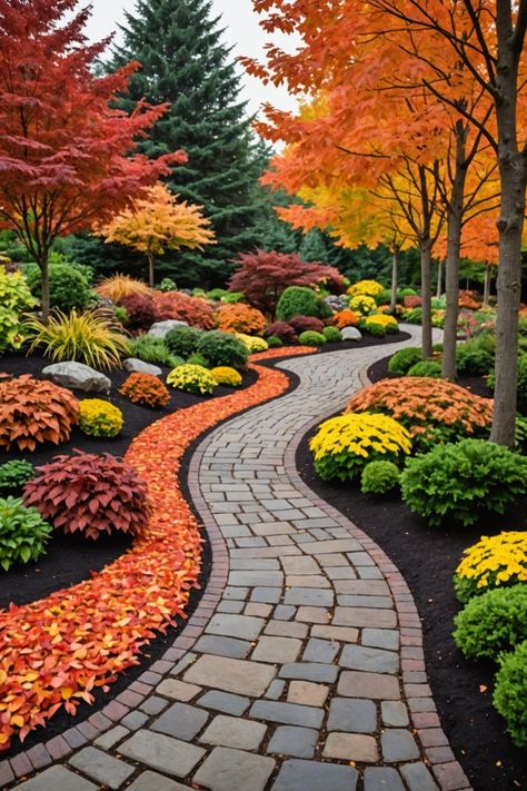 20 Fall Landscaping Ideas - Toolz Geek Fall Winter Flower Beds, Natural Mountain Landscaping Ideas, Autumn Garden Decoration, Around The Tree Landscaping Ideas, Fall Flower Bed Ideas, Fall Landscaping Ideas, Natural Landscape Design, Beautiful Pathways, Dream Apartments