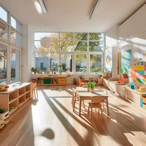 "Step into the inviting interior of a preschool bathed in natural light from expansive straight windows, creating a warm and bright learning environment." Montessori Projects, Classroom Window, Classroom Images, Preschool Rooms, Kindergarten Design, Adaptive Reuse, Shadow Art, Big Windows, Building For Kids