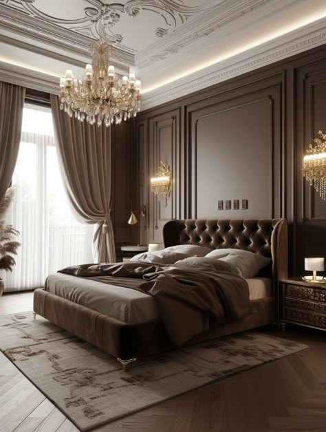 Classic Master Bedrooms Decor Luxury, South West Bedroom, Mocha Bedroom Ideas, Modern Primary Bedroom, Bedroom Wall Colour Combination, Royal Luxury Bedroom Design, Modern Victorian Bedroom, Bedroom Luxury Design, European Bedroom