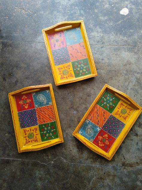 Beautiful Rajasthani hand-painted wooden serving tray Mdf Tray Painting, Painted Wooden Trays Ideas, Painting On Wooden Tray, Hand Painted Wooden Trays, Rajasthani Decoration, Wooden Tray Painting Ideas, Tray Painting Ideas, Painted Trays Ideas, Wooden Decoration Ideas