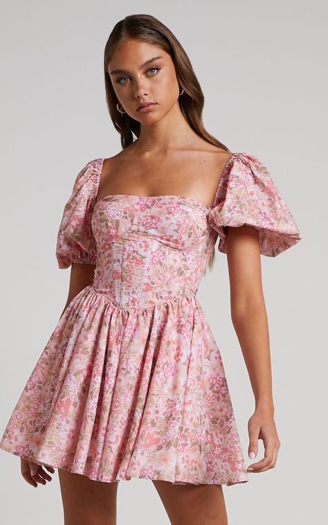 Phorchia Mini Dress - Fit and Flare Puff Sleeve Corset Dress in Fleur Print | Showpo USA Rush Outfits, Recruitment Outfits, Rush Dresses, Preppy Dresses, Mode Chic, Grad Dresses, Hoco Dresses, Corset Dress, Mini Dress With Sleeves