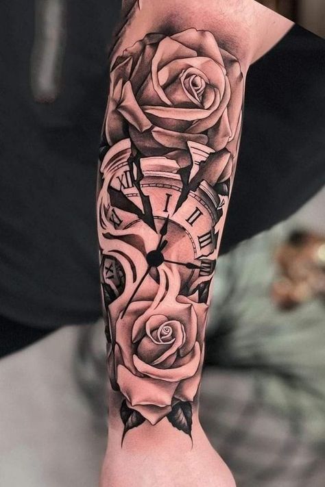 Clock And Rose Tattoo, Half Sleeve Tattoos Forearm, Tattoos Infinity, Rose Tattoos For Men, Cool Arm Tattoos, Forarm Tattoos, Cool Forearm Tattoos, Hip Tattoos Women, Half Sleeve Tattoos For Guys