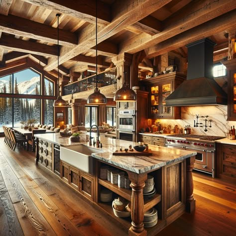 Immerse in the allure of this luxe, rustic ski cabin kitchen with reclaimed wood accents, a marble workspace, vintage cast-iron stove, and picturesque views. Perfect for après ski family gatherings. 
#SkiCabin #LuxuryKitchen #RusticInteriors #MountainLiving #CabinAesthetic #VintageStove Luxury Log Cabin Kitchen, Log Cabin Kitchen Ideas Mountain, Cabin Kitchen Design Ideas, Ski Cabin Kitchen, Log Cabin Kitchen Ideas, Cozy Cabin Kitchen, Mountain Home Kitchen, Mountain House Kitchen, Chalet Kitchen