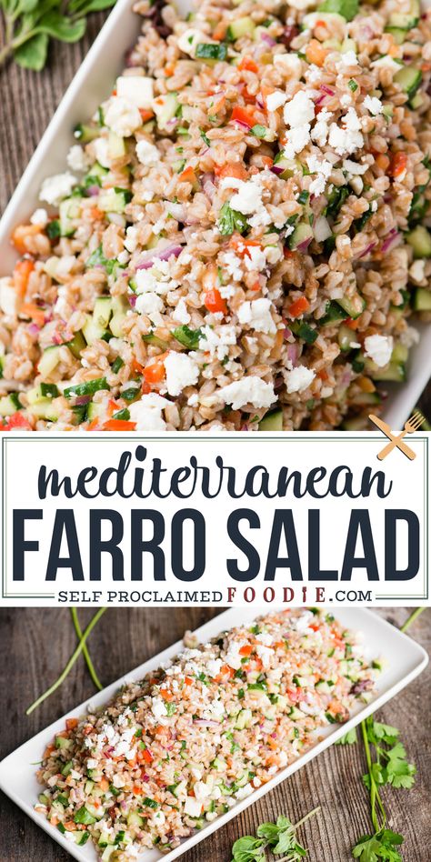 Lemony Vinaigrette, Healthy Grains Recipes, Salad Mediterranean, Farro Salad Recipes, Farro Recipes, Feta Recipe, Healthy Side Dish, Farro Salad, Greek Olives