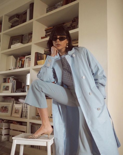 9 Light Blue Outfits You Can Wear on Repeat This Summer Light Blue Trousers Outfit, Light Blue Outfits, Blue Trousers Outfit, Pastel Blue Outfit, Green Cargo Jacket, Blue Outfits, 30 Outfits, Trouser Outfit, Blue Trench Coat