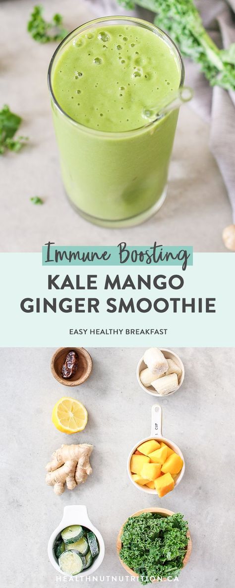 Kale Mango Ginger Smoothie - Healthnut Nutrition Mango Ginger Smoothie, Immune Boosting Smoothie, Best Smoothie, Kale Smoothie, Ginger Smoothie, Smoothie Detox, Mango Smoothie, Vegan Smoothies, Easy Smoothies