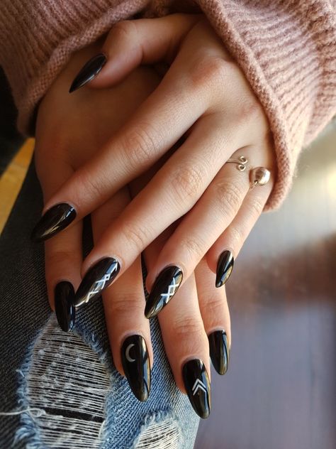 #black #nails #symbol #viking #greek #moon Warrior Nail Designs, Viking Nail Art Ideas, Witch Wedding Nails, Viking Acrylic Nails, Black And White Witchy Nails, Neutral Goth Nails, Greek Mythology Inspired Nails, Minimalist Goth Nails, Viking Inspired Nails