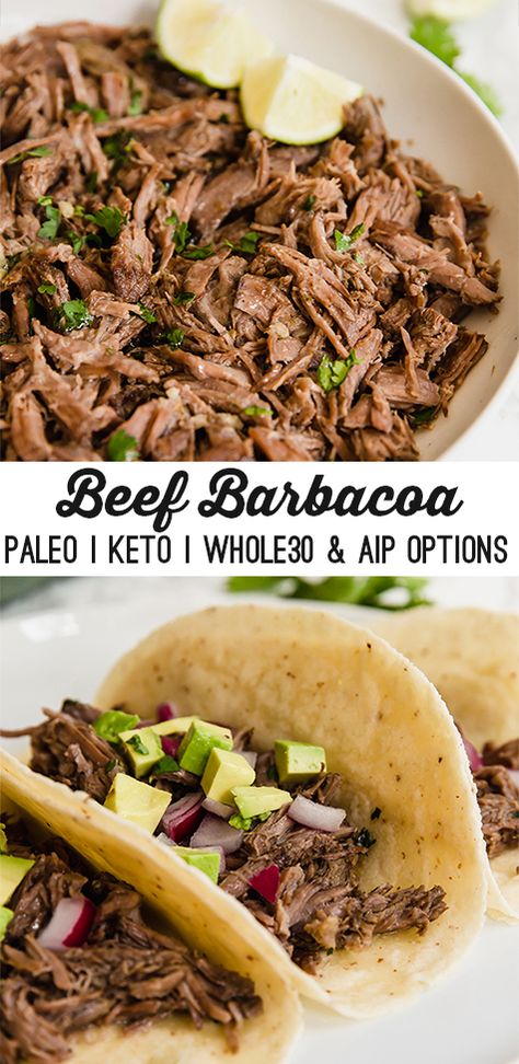 This slow cooker barbacoa is an easy and delicious protein to add to burrito bowls, or make into tacos! The barbacoa is paleo, keto, whole30 compliant, and can be adapted to be AIP. Paleo Menu, Slow Cooker Barbacoa, Paleo Slow Cooker, Taco Time, Barbacoa Beef, Paleo Beef, Burrito Bowls, Autoimmune Paleo, Recetas Keto