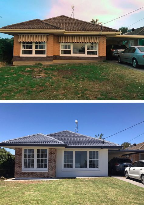 Australian House Renovation Before And After, Painted Brick House Australia, Weatherboard Over Brick, Diy Rendering Brick, Red Brick And Weatherboard Exterior, Brick House Renovation Australia, Red Brick Painted White Exterior, Brick To Weatherboard Before And After, Brick House Exterior Makeover Australia