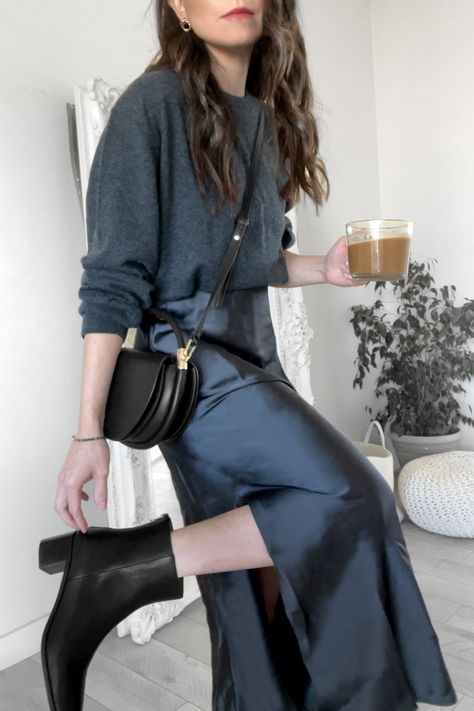 Fall outfit with black and gray tones 🖤🩶☕️ Gray sweater outfit, satin skirt outfit, gray satin skirt, black booties outfit, boots with skirt outfit, fall outfit ideas, all gray outfit, gray satin skirt, maxi satin skirt Sweater Satin Skirt Outfit, Gray Silk Skirt Outfit, Gray Satin Skirt Outfit, Grey Satin Skirt Outfit, Satin Skirt Sweater, Grey Midi Skirt Outfit, All Gray Outfit, Silky Skirt Outfit, Grey Satin Skirt