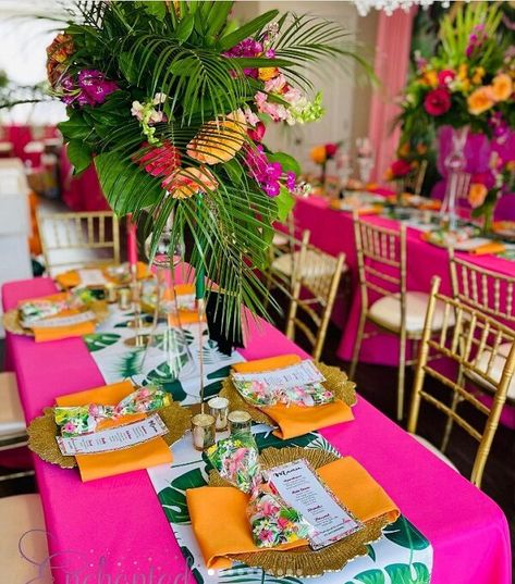 Tropical Theme Party Centerpieces, Summertime Party Theme, Tropical Birthday Party Ideas For Women, Luau Party Table Decorations, Hawaii Centerpiece Ideas, Tropical Glam Decor Party, Sweet 16 Tropical Theme Party Ideas, Hawaiian Quinceanera Theme, Endless Summer Party