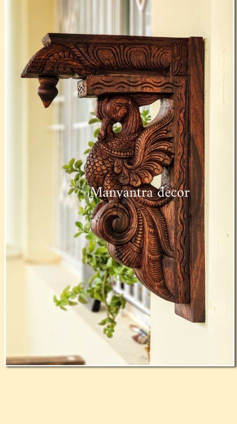 Artistic Wooden brackets (corbels) – Page 2 – Manvantra Decor Wooden Pillars, Ganesha Idol, Wooden Corbels, Brass Wall Hanging, Brass Animals, Wooden Brackets, Temple Design For Home, Bodhi Tree, Wooden Console Table