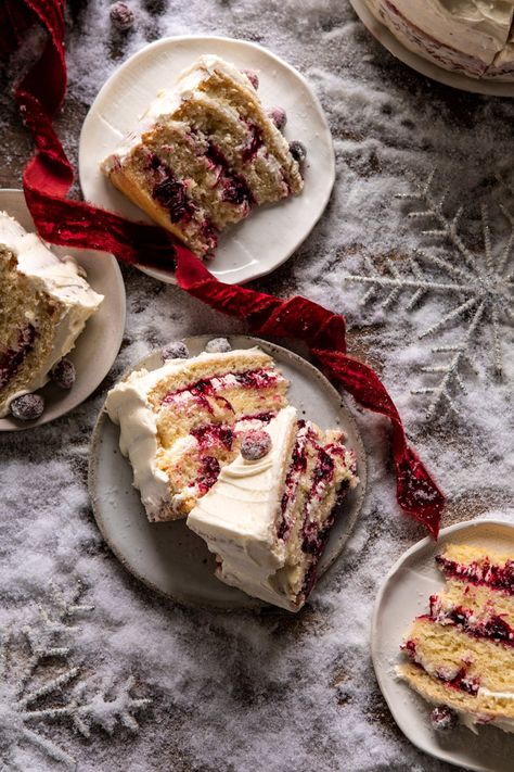 White Christmas Cranberry Layer Cake | halfbakedharvest.com #layercake #christmas Halfbakedharvest Recipes Dessert, White Christmas Food Ideas, Halfbakedharvest Recipes, Christmas Eve Desserts, Christmas Eve Aesthetic, Christmas Baking Aesthetic, Christmas Dinner Aesthetic, Christmas Menus, Winter Torte