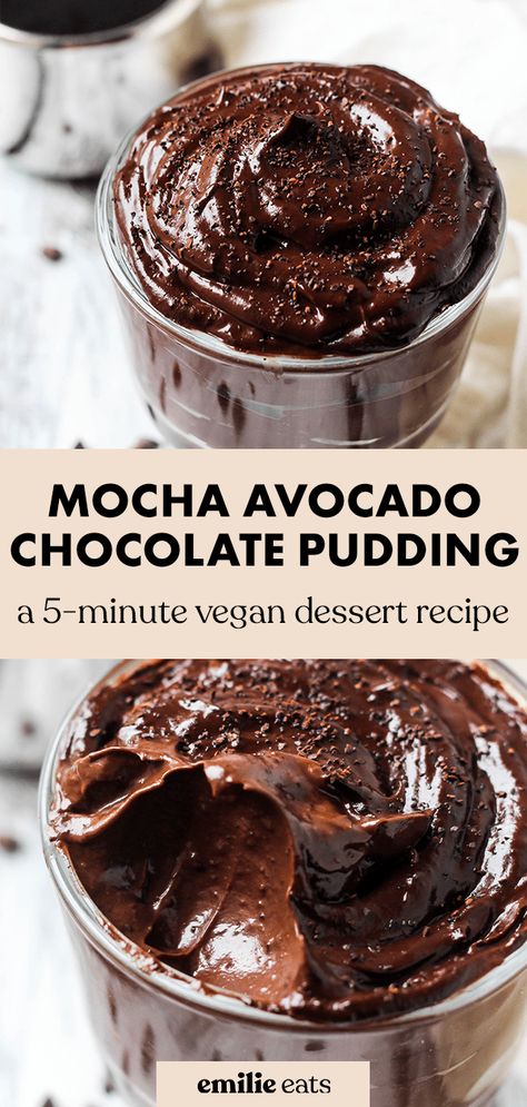 This creamy, dreamy Mocha Avocado Chocolate Pudding is the simplest 5-minute avocado dessert that's sure to satisfy your chocolate cravings. Avocado Cocoa Powder Recipes, Healthy Avocado Desserts, Foods With Avocado, What To Do With Avocados, Avocado Pudding Chocolate, Avocado Healthy Recipes, Protein Bakes, Avocado Desserts, Oat Pudding