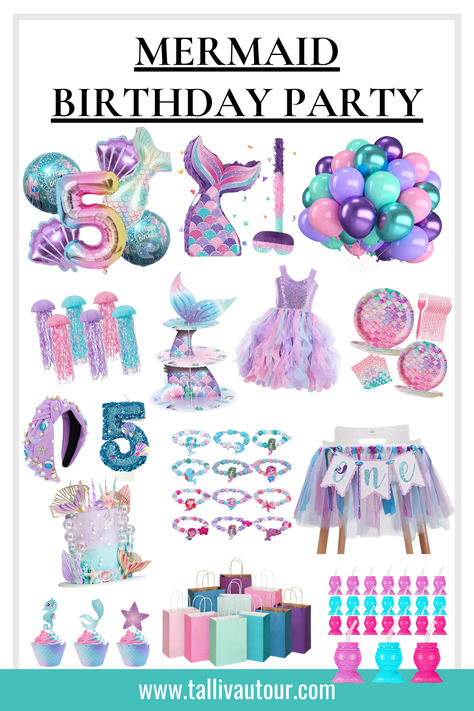 Looking for the cutest party supplies for your Mermaid Themed Birthday Party? I've got you covered with invitations, decorations, tableware, party attire, party games, party favors, activites & more! It's all linked in my blog! Amazon affiliate (contains affiliate links) #party #mermaids #mermaidbirthdayparty #girlbirthday #seatheme #oceanbirthday #poolparty #summerbirthday #blue #pink #purple #seashellparty #beachbirthdaytheme #beach #sand #partyfavors #partydecor #invite #gift #cake #cupcake Girls 5th Birthday Themes, 5 Birthday Party Ideas Girl, Dive Into Five Birthday Girl, Fifth Birthday Party Ideas Girl, Girl 5th Birthday Party Themes, Girls 5th Birthday Party Ideas, 5th Birthday Ideas For Girls Themes, Mermaid Themed Birthday Party, Mermaid Birthday Party Invitations