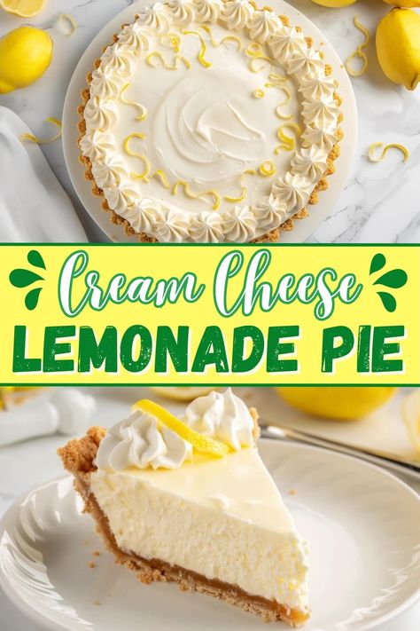 This cream cheese lemonade pie is the stuff dreams are made of! It's easy, no-bake, and guaranteed to please! Lemonade Cream Cheese Pie Recipe, Lemonade Cream Cheese Pie, Lemonade Icebox Pie, No Bake Lemon Pie With Cream Cheese, Pie Cream Cheese, Cream Cheese Lemonade Pie Recipe, Homemade Cream Pies, Lemonade Pie No Bake Condensed Milk, No Bake Cream Cheese Lemonade Pie