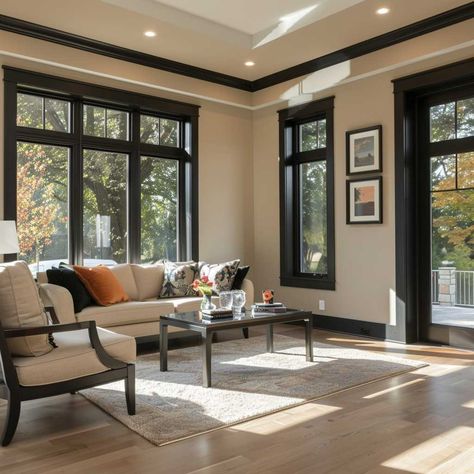 Brown Window Frames Living Rooms, Black Woodwork Trim Interior Design, Painted Black Window Trim, Dark Window Trim Living Room, Black Wood Trim Interior, White Walls With Darker Trim, Darker Trim Than Walls, Black Trim Interior Color Schemes Living Room, Black Interior Window Trim