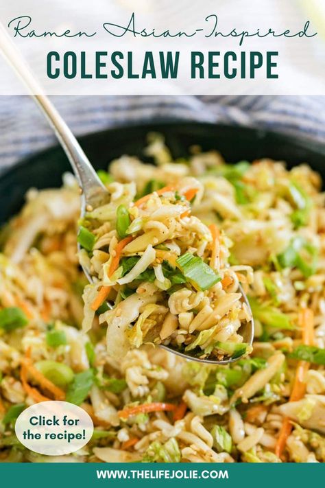 This crunchy ramen Asian coleslaw recipe is an easy, Asian-inspired salad that whips up in minutes. It's one of the simplest and healthiest recipes I've tried, made with cabbage and ramen and served cold with a delicious, flavorful dressing that the whole family will love! Ramen Noodle Coleslaw Recipe, Ramen Broccoli Slaw Salad, Cold Slaw Recipes, Thai Coleslaw Recipe, Ramen Noodle Coleslaw Salad, Ramen Coleslaw Salad, Japanese Coleslaw Recipe, Asian Slaw Recipe With Ramen Noodles, Amish Slaw Recipe