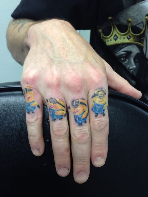 Minions Disney Tattoos For Men, Disney Tattoo Ideas, Minion Tattoo, Minion Art, Comic Tattoo, Ring Finger Tattoos, Disney Tattoo, Tattoo Shows, Finger Tattoo