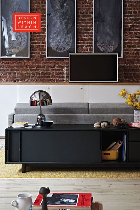 The Edel Credenza, in Ebonized Oak, includes five adjustable shelves, four drawers and a pullout media player shelf with removable leather liner. This is a sleek storage piece for the modern living room. Media Unit Design, Modern Storage Furniture, Design Engineer, Credenza Design, Small Space Solutions, Stylish Storage Solutions, Modern Storage, Ergonomic Chair, Design Within Reach