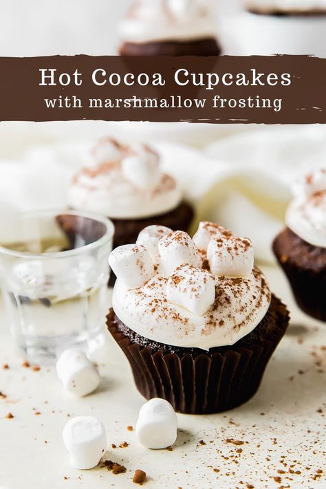 Hot Cocoa Cupcakes, Cupcakes With Marshmallow Frosting, Cocoa Cupcakes, Marshmallow Frosting Recipes, Marshmallow Fluff Frosting, Marshmallow Icing, Hot Chocolate Brownies, Sweet Potato Cupcakes, Cocktail Cupcakes