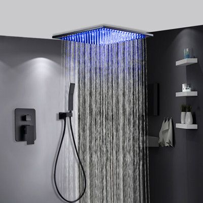 This 16 LED Ceiling Mounted Shower system kits combine classic and modern home decor styles.This is 2 Function Shower faucet system . 16inch big high pressure rain shower head. Using supercharging technology, effortlessly provides superior water pressure.This rain shower head optimal performance even in low water pressure installations.LED Light work via water flow, the colour change via water temperature LED colour:Blue,Green,Red LED turns blue when the temperature is below 30°C LED turns green Design Interior Baie, Black Shower Faucet, Painting Shower, Bath Shower Mixer Taps, Shower Faucet Sets, Bath Shower Mixer, Shower Mixer, Rainfall Shower Head, Black Shower