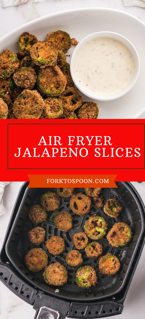 These spicy, breaded air fryer jalapeño slices are a quick and easy take on jalapeño poppers. Made with just breadcrumbs, egg, and jalapeños, this recipe is simple, flavorful, and delivers a satisfying kick. It's a low-calorie, diet-friendly snack that’s sure to please. Jalapeno Snacks Healthy, Air Fried Jalapeno Slices, Air Fryer Jalapeno Peppers, Air Fryer Jalapeno Poppers, Air Fryer Jalapeno, Jalapeno Chips, Fried Jalapenos, Jalapeño Poppers, Jalapeno Recipes