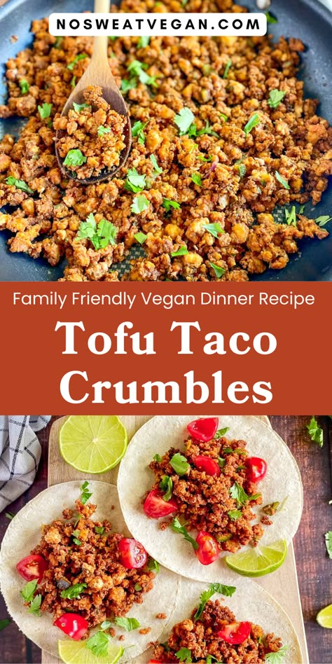 Enjoy my delicious Tofu Taco Meat recipe. It is perfectly seasoned and textured to take the place of meat in a variety of dishes. With just a little prep work and 30 minutes of cooking time, you can add these tasty and versatile tofu crumbles to your favorite tacos, salads, burritos, and more! This easy family friendly vegan dinner recipe is perfect for busy weeknights. #vegantacos #vegandinnerrecipes #easyveganrecipes Tofu Scramble Tacos, Vegan Keto Tacos, Tofu Recipes For Dinner, Tofu Taco Meat Easy, Taco Tofu Recipe, Vegan Gluten Free Tofu Recipes, Vegan Baked Tacos, Best Vegan Tacos, Taco Tofu Crumbles