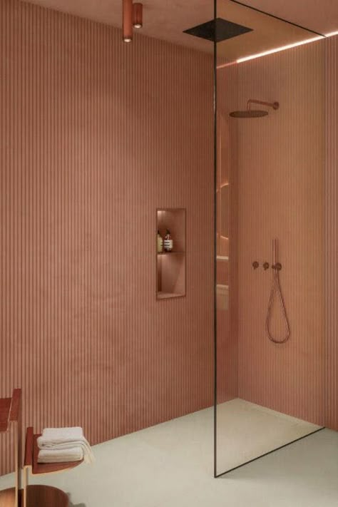 Terracotta Bathroom, Interior Cladding, Interior Bathroom, Bathroom Renos, Bathroom Inspo, Bathroom Reno, Bathroom Designs, Interior Design Trends, Bathroom Inspiration