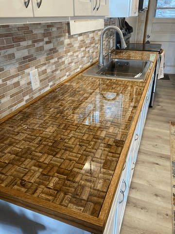 Customer Photos & Epoxy Reviews Cork Countertop, Wine Cork Table, Bar Top Epoxy, Wine Tables, Bar Top Tables, Cork Table, Cork Diy Projects, Epoxy Countertops, Wine Cork Diy Crafts