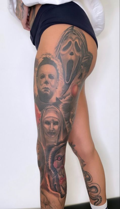 Chucky And Chucky Tattoo, Ghost Face Tattoo Sleeve, Chucky Tattoo On Leg, Scary Movie Tattoos Leg Sleeve, Scary Movie Leg Sleeve, Chucky Gemini Tattoo, Jason Freddy Michael Myers Chucky Tattoo, Horror Movie Leg Tattoos, Horror Tattoo Sleeve Women