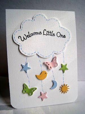 handmade baby card from Im in Haven: CAS-ual Fridays 64...The Sky ... stictched cloud with sentiment ... punched baby ikons hanging from it like a mobile ... luv it!! Idee Babyshower, Baby Cards Handmade, Cloud Mobile, Cricut Cards, Baby Card, Baby Shower Cards, New Baby Cards, Card Tags, Creative Cards