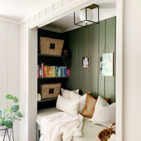 Cozy Book Nook DIY - Style + Dwell #booknook #readingnook #organized #organization #books #toyorganization Closet Sleeping Nook, Closet Turned Into Reading Nook, Basement Nook, Closet Nook, Reading Nook Closet, Front Closet, Nook Ideas, Deco Studio, Mattress On Floor