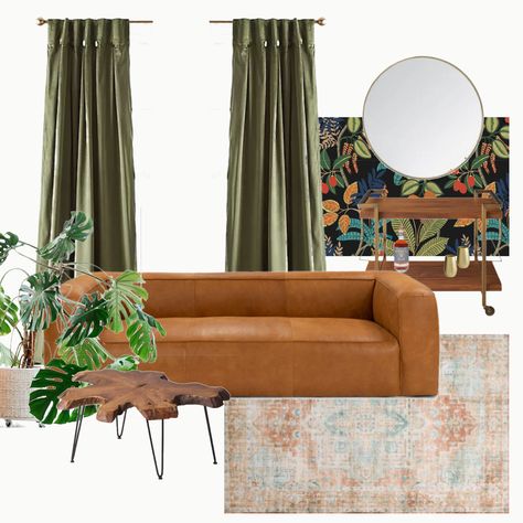 Green Velvet Drapes, Tan Leather Sofa Living Room, Cognac Leather Sofa, Sage Green Living Room, Room Pieces, Brown Furniture Living Room, Faux Leather Couch, Green Velvet Chair, Tan Leather Sofas