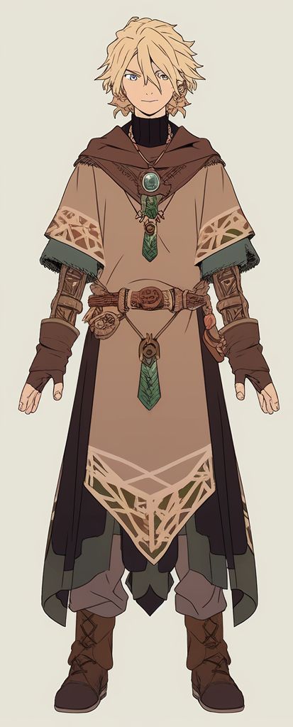 Fantasy Clothes Design Male, Cute Alchemist Character Design, Low Level Dnd Characters, Dnd Fantasy Outfits Male, Druid Outfit Art, Baggy Fantasy Clothes, Adventure Outfit Male, Fantasy Merchant Outfit, Fantasy Tailcoat