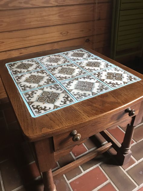 Tile inlay table redo Table Tile, Tile Inlay, Tile Board, Table Redo, Inlay Table, Old Stove, Wood Slab Table, Arabesque Tile, Tile Table