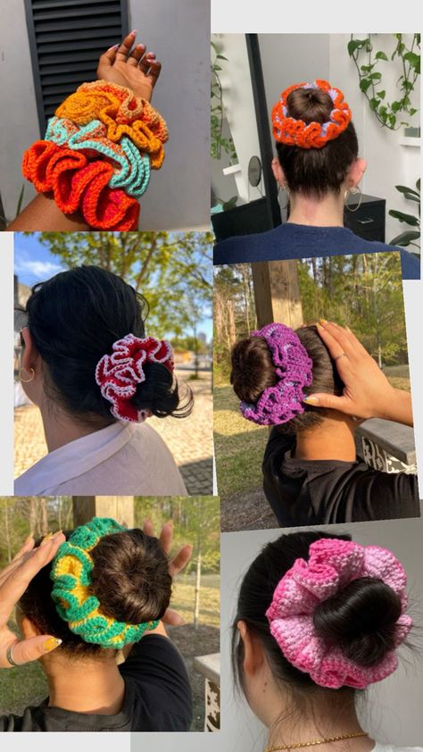 #crochet Ruffle Crochet, Crochet Hair Bows, Hair Braid Patterns, Crochet Scrunchie, Crochet Scrunchies, Crochet Ruffle, Braid Patterns, Crochet Bee, Crochet Hair Accessories