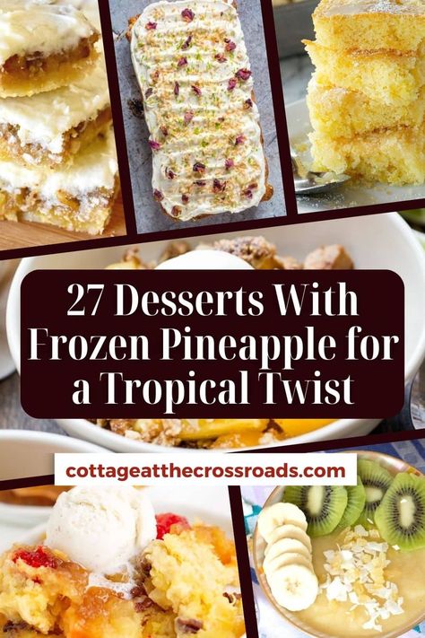 27 Desserts With Frozen Pineapple for a Tropical Twist pinterest image. Recipes With Frozen Pineapple, Frozen Pineapple Recipes, Frozen Pineapple Dessert, Freezer Desserts, Hawaiian Desserts, Tropical Desserts, Pineapple Tart, Pineapple Desserts, Sweet Bites